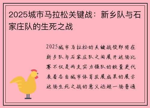2025城市马拉松关键战：新乡队与石家庄队的生死之战
