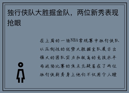 独行侠队大胜掘金队，两位新秀表现抢眼